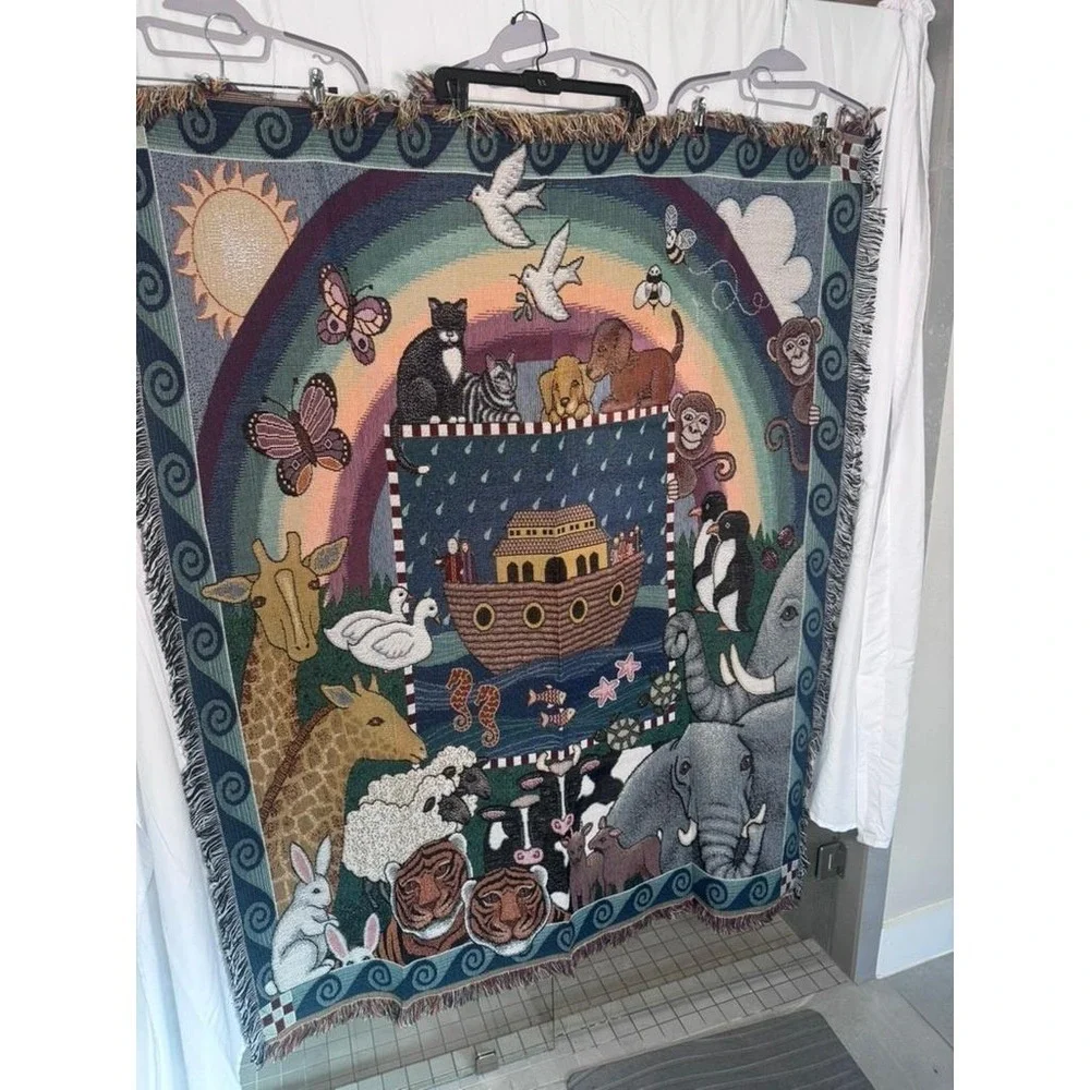Vintage Folkart‎ American Weavers Noah's Ark Tapestry Throw Blanket Americana